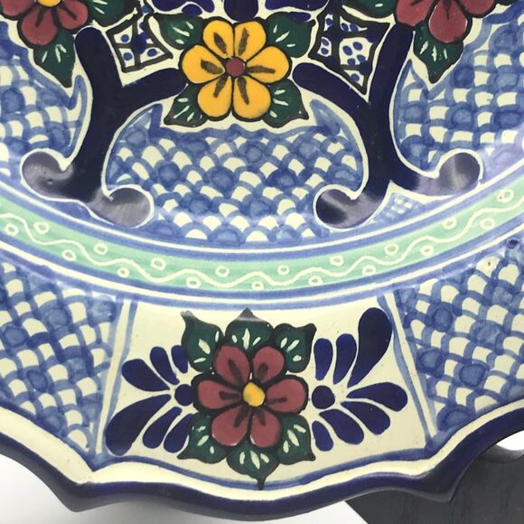 Talavera Pottery Mexican Hand Painted Plate Dish Blue Geo Floral Vintage Signed - Picture 3 of 10
